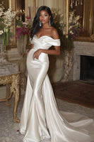 Load image into Gallery viewer, Satin White Off the Shoulder Mermaid Wedding Dress with Detachable Sweep Train