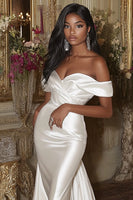 Load image into Gallery viewer, Satin White Off the Shoulder Mermaid Wedding Dress with Detachable Sweep Train