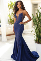 Load image into Gallery viewer, Sparkly Navy Spaghetti Straps Mermaid Long Formal Dress