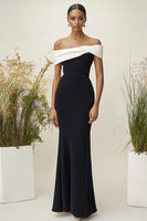 Load image into Gallery viewer, White Black Off the Shoulder Sheath Long Formal Dress