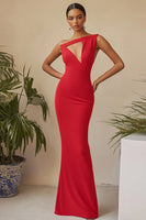 Load image into Gallery viewer, Red One Shoulder Sheath Long Formal Dress