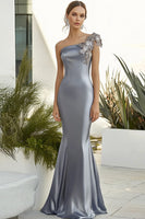 Load image into Gallery viewer, Dark Grey Sheath Satin Long Formal Dress with 3D Flowers