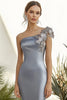Load image into Gallery viewer, Dark Grey Sheath Satin Long Formal Dress with 3D Flowers