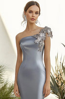 Load image into Gallery viewer, Dark Grey Sheath Satin Long Formal Dress with 3D Flowers