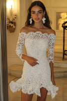 Load image into Gallery viewer, Lace White Bodycon Off the Shoulder Mini Graduation Dress