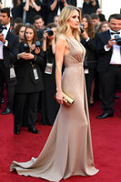 Load image into Gallery viewer, Light Khaki V-Neck Sheath Ruched Long Gala Dress