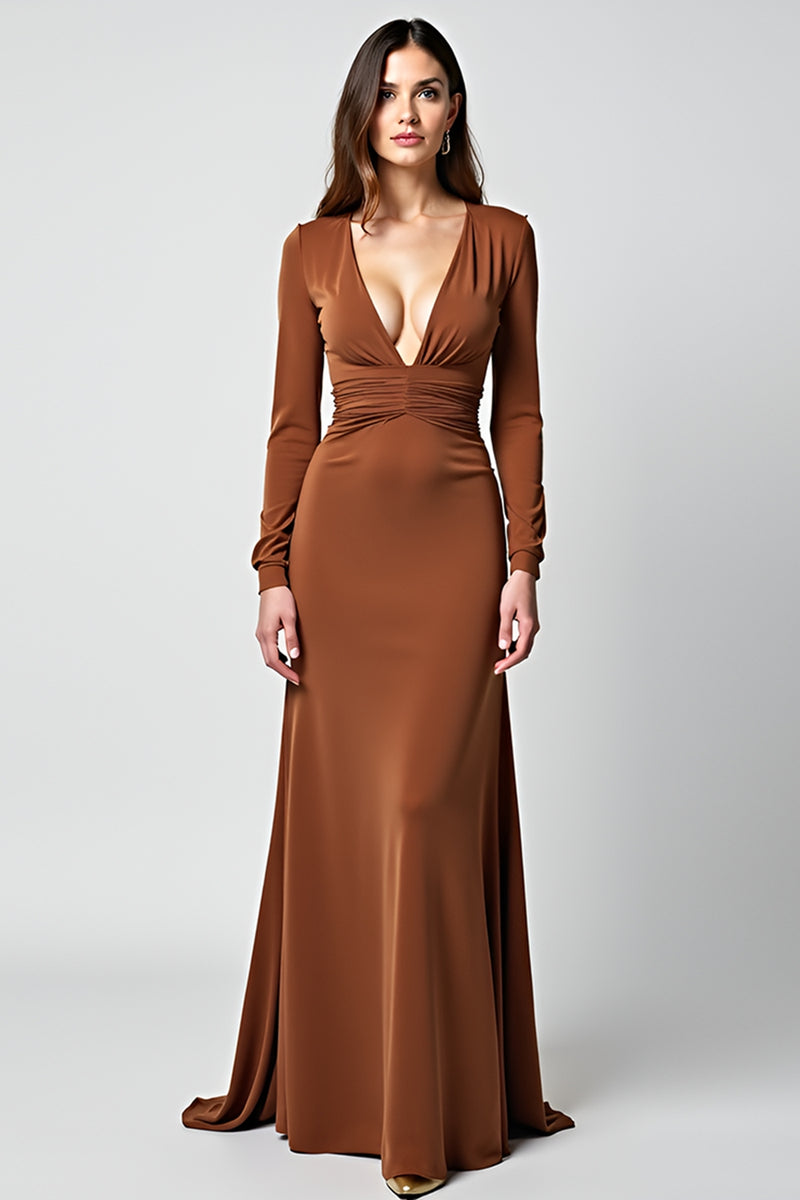 Load image into Gallery viewer, Caramel V-Neck Sheath Gala Dress with Long Sleeves