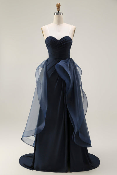 Navy Satin Mermaid Strapless Long Ruffled Prom Dress with Cape