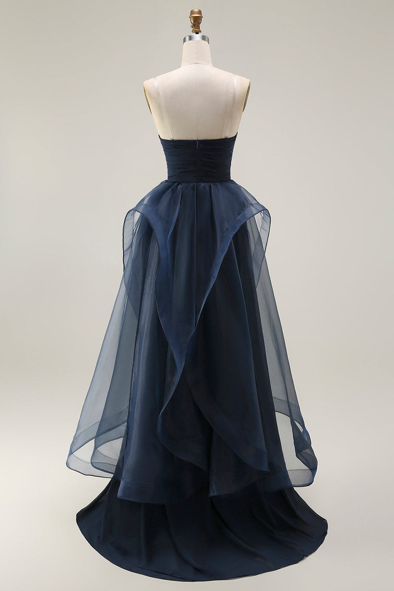 Load image into Gallery viewer, Navy Satin Mermaid Strapless Long Ruffled Prom Dress with Cape