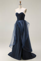 Load image into Gallery viewer, Navy Satin Mermaid Strapless Long Ruffled Prom Dress with Cape
