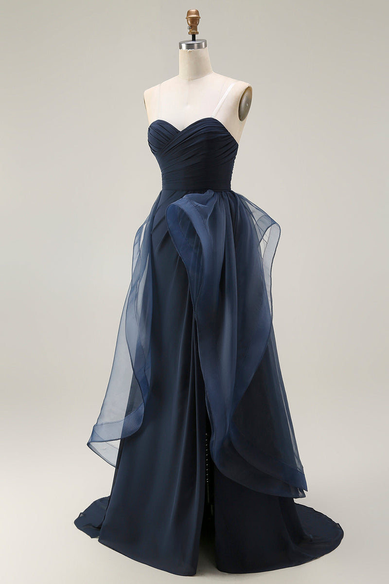 Load image into Gallery viewer, Navy Satin Mermaid Strapless Long Ruffled Prom Dress with Cape