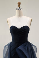 Load image into Gallery viewer, Navy Satin Mermaid Strapless Long Ruffled Prom Dress with Cape