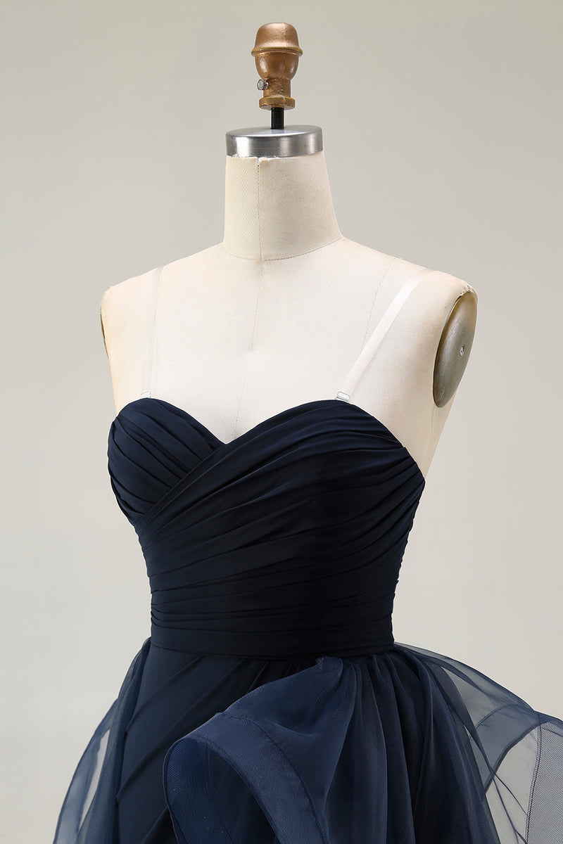 Load image into Gallery viewer, Navy Satin Mermaid Strapless Long Ruffled Prom Dress with Cape