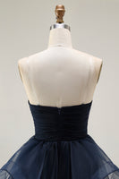 Load image into Gallery viewer, Navy Satin Mermaid Strapless Long Ruffled Prom Dress with Cape