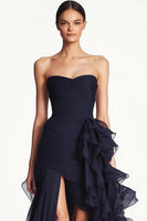 Load image into Gallery viewer, Strapless Navy Sheath Formal Dress with Ruffled Slit
