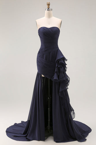 Navy Strapless Ruffled Long Mermaid Formal Dress with Side Cape