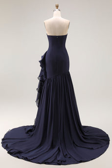 Navy Strapless Ruffled Long Mermaid Formal Dress with Side Cape