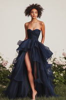 Load image into Gallery viewer, Queendancer Women Navy Chiffon Long Formal Dress with Slit Sweetheart Strapless Tiered Ruched Prom Dress with Ruffles