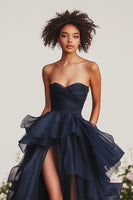 Load image into Gallery viewer, Navy Chiffon Strapless Tiered Ruched Long Formal Dress with Slit