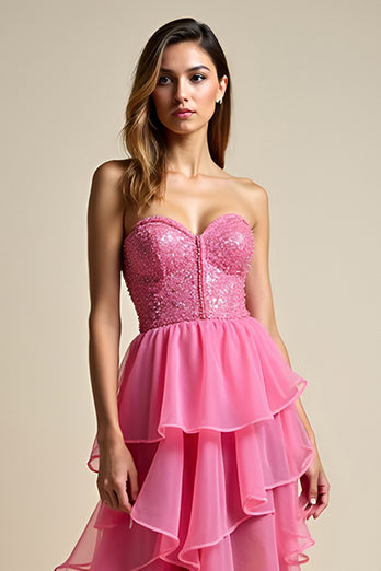 Ruffled Coral Tiered Sweetheart Long Prom Dress