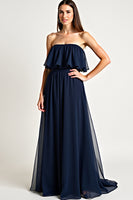 Load image into Gallery viewer, Strapless Navy Ruched Long Formal Dress