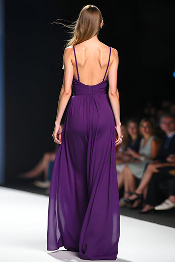 Spaghetti Straps Dark Purple Long Gala Jumpsuit