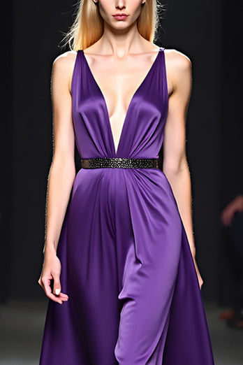 Deep V-Neck Dark Purple Ruched Long Gala Dress