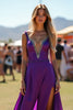 Load image into Gallery viewer, Sparkly Dark Purple Beaded Long Formal Dress with Slit