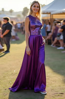 Load image into Gallery viewer, Scoop Dark Purple Satin Ruched Long Formal Dress