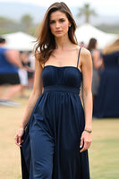 Load image into Gallery viewer, Navy Spaghetti Straps A Line Satin Long Formal Dress