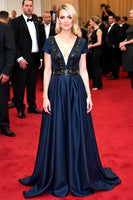 Load image into Gallery viewer, Ruched A Line Navy Satin Long Gala Dress with Short Sleeves