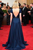 Load image into Gallery viewer, Ruched A Line Navy Satin Long Gala Dress with Short Sleeves