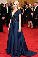 Load image into Gallery viewer, Ruched A Line Navy Satin Long Gala Dress with Short Sleeves