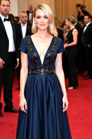 Load image into Gallery viewer, Ruched A Line Navy Satin Long Gala Dress with Short Sleeves