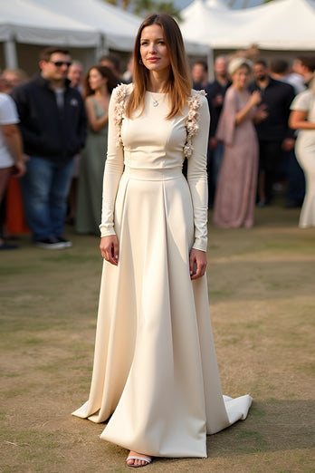 Apricot Scoop Floral A Line Long Formal Dress with Sleeves