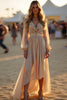 Load image into Gallery viewer, Apricot A Line Ruched High-Low Formal Dress with Long Sleeves