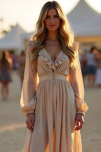 Apricot A Line Ruched High-Low Formal Dress with Long Sleeves