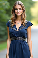 Load image into Gallery viewer, Beaded Navy A Line Long Formal Dress with Cap Sleeves