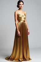 Load image into Gallery viewer, Golden Metallic A Line Long Prom Dress