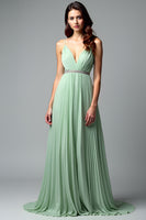 Load image into Gallery viewer, Light Green Backless A Line Pleated Long Prom Dress