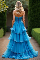 Load image into Gallery viewer, Blue Strapless A Line Tiered Chiffon Ruched Long Prom Dress