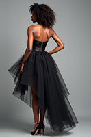 Load image into Gallery viewer, Black A Line Tulle Strapless Asymmetrical Corset Prom Dress with Ruffles