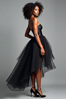 Load image into Gallery viewer, Black A Line Tulle Strapless Asymmetrical Corset Prom Dress with Ruffles