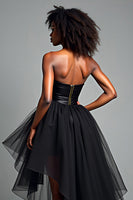 Load image into Gallery viewer, Black A Line Tulle Strapless Asymmetrical Corset Prom Dress with Ruffles