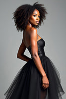 Load image into Gallery viewer, Black A Line Tulle Strapless Asymmetrical Corset Prom Dress with Ruffles