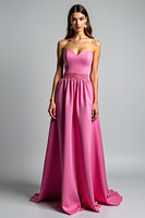 Load image into Gallery viewer, Fuchsia A Line Strapless Satin Long Prom Dress