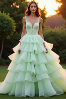 Load image into Gallery viewer, Green Ball Gown Tiered Appliques Long Prom Dress with Ruffles
