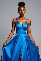 Load image into Gallery viewer, Royal Blue V-Neck Long Satin Formal Dress with Slit