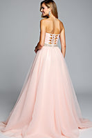 Load image into Gallery viewer, Light Pink A Line Strapless Ruched Long Prom Dress with Beading