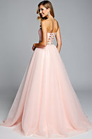 Load image into Gallery viewer, Light Pink A Line Strapless Ruched Long Prom Dress with Beading